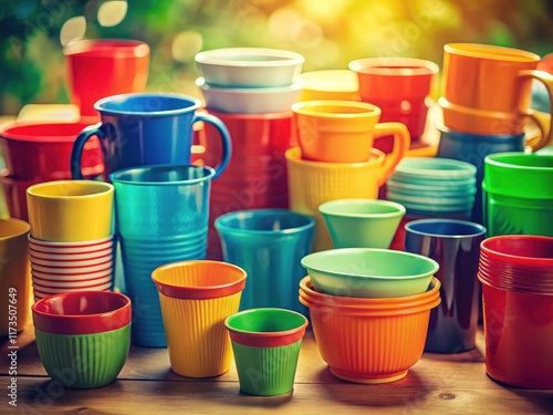 Colorful vintage plastic cups and containers create a playful retro kitchen scene. photo