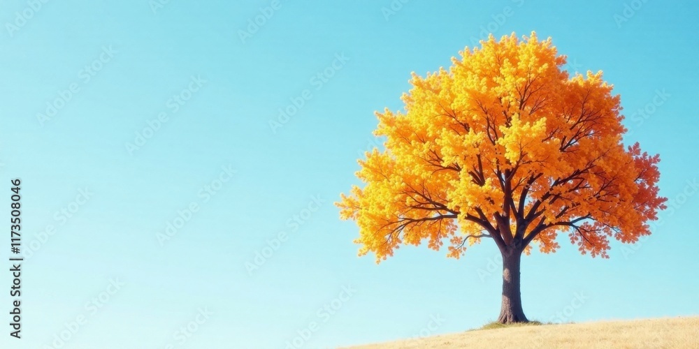 Golden Autumn Tree on a Hillside Against a Clear Sky Golden Autumn Tree on a Hillside Against a Clear Sky