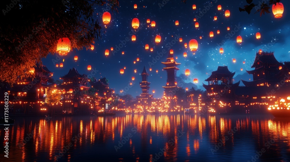 Naklejka premium Night scene of Asian town with floating lanterns reflecting on water.
