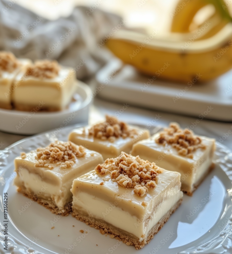 Banana Cream Bars with Crumb Topping, Delicious Dessert Squares, Creamy Banana Flavor, Perfect for Parties and Gatherings, copy space for text Banana Cream Bars with Crumb Topping, Delicious Dessert Squares, Creamy Banana Flavor, Perfect for Parties and Gatherings, copy space for text