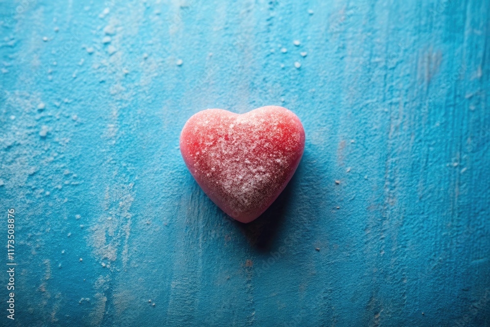 Obraz premium Documentary-style image: a lone sweetheart candy heart against a tranquil blue, hinting at forgotten memories.