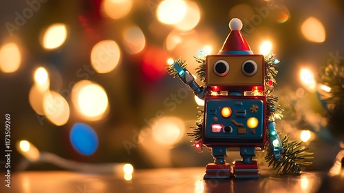 A toy robot decorating a tiny christmas tree with lights
