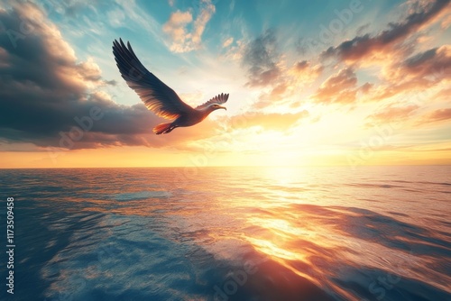 A seagull gracefully flies over the ocean during a stunning sunset, with colorful skies and reflective waters creating a serene and tranquil scene.