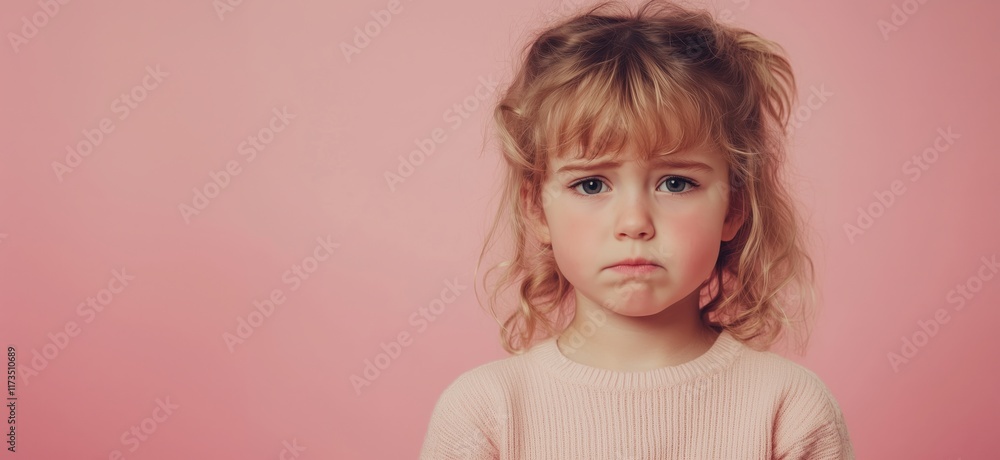Sad child with curly hair expressing emotions against pink background, showcasing vulnerability and innocence, copy space for text Sad child with curly hair expressing emotions against pink background, showcasing vulnerability and innocence, copy space for text