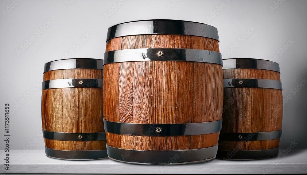 wooden barrels with metal hoops on light background for storage use wooden barrels with metal hoops on light background for storage use