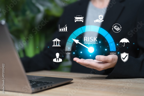 Risk management concept, Businesswomen risk assessment reducing risk to zero Low levels, Evaluation measure analytics technology, Business, Financial, Health, Human resource, Insurance, business photo