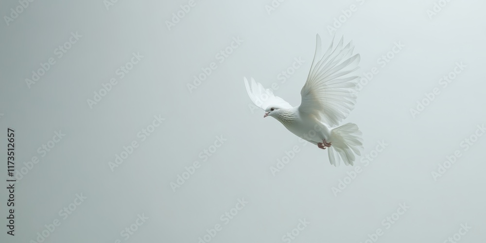 Fototapeta premium A graceful white dove soaring through a minimalist soft gray background, symbolizing peace and freedom.
