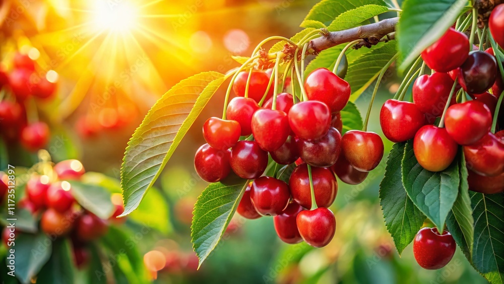 Ripe Red Cherries Hanging on Branches Ready for Harvest - Tilt-Shift Photography Ripe Red Cherries Hanging on Branches Ready for Harvest - Tilt-Shift Photography