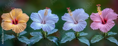 Vibrant hibiscus flowers in various colors and stages