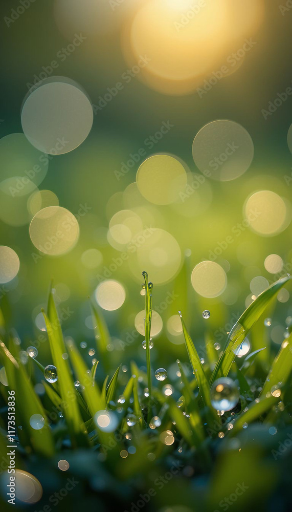Obraz premium Fresh green grass glistening with dew drops, illuminated by warm sunlight at sunrise, creates a beautiful and serene natural scene, evoking a sense of tranquility and renewal.