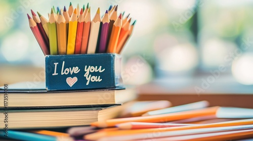 Colorful pencils in a box on books. photo