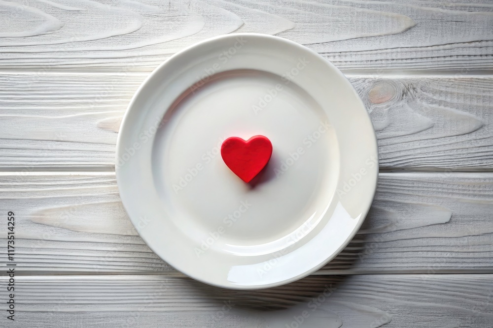 Romantic Valentine's Day still life. White plate, red heart, perfect background. Romantic Valentine's Day still life. White plate, red heart, perfect background.