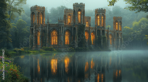 Gothic castle reflecting in misty lake at dawn, forest backdrop, ideal background image photo