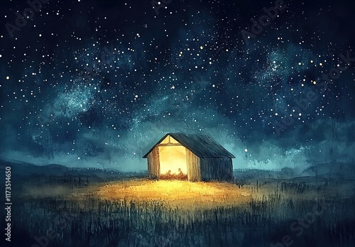 A small, simple manger in the middle of an open field under a starry sky with soft lighting from inside, capturing Christmas night.