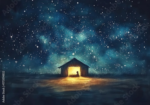 A small, simple manger in the middle of an open field under a starry sky with soft lighting from inside, capturing Christmas night.