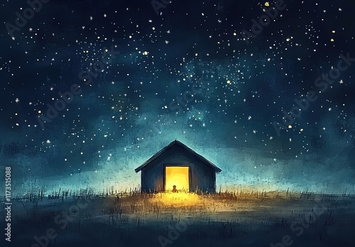 A small, simple manger in the middle of an open field under a starry sky with soft lighting from inside, capturing Christmas night.