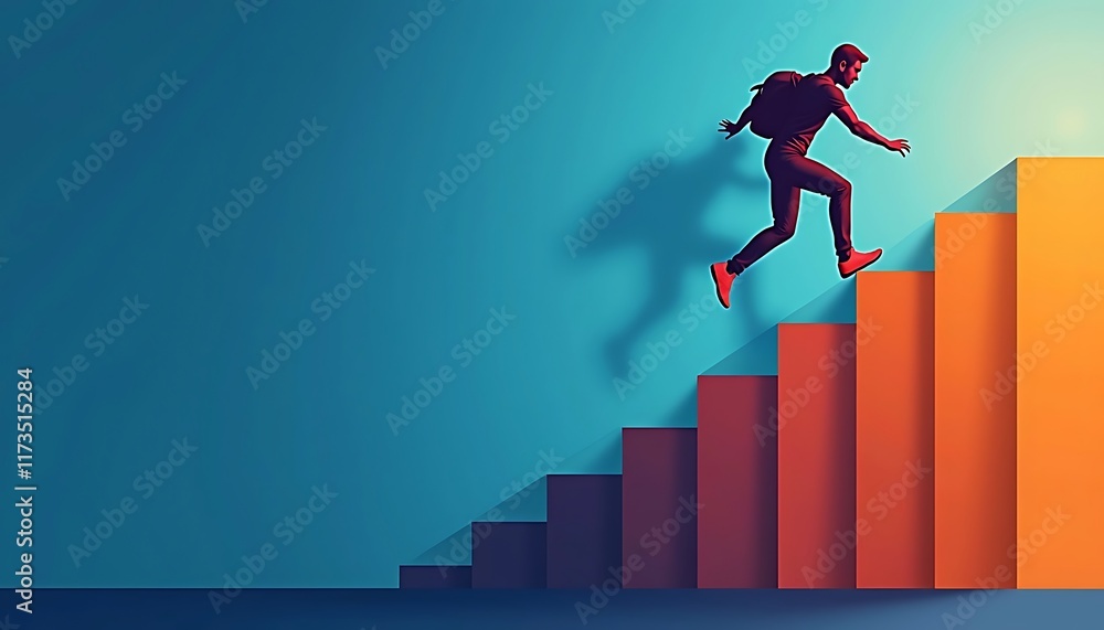 man with backpack climbing bar graph, representing career growth and business success man with backpack climbing bar graph, representing career growth and business success