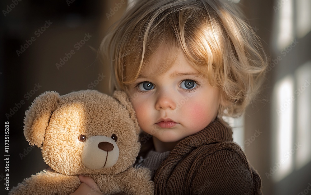 Adorable toddler with blonde hair and blue eyes hugs a teddy bear. Adorable toddler with blonde hair and blue eyes hugs a teddy bear.