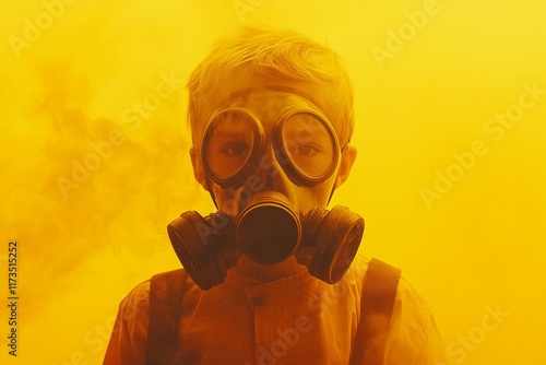 Child in a gas mask stands against a vibrant yellow background, evoking a sense of urgency and fear in a surreal atmosphere photo