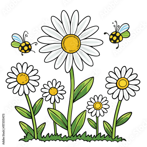 field-of-daisies-with-bees---clipart-isolated-on-w.eps