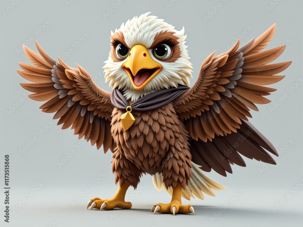 Fototapeta premium Adorable Cartoon Eagle Character with Wings Spread Wide Wearing a Cape and Pendant