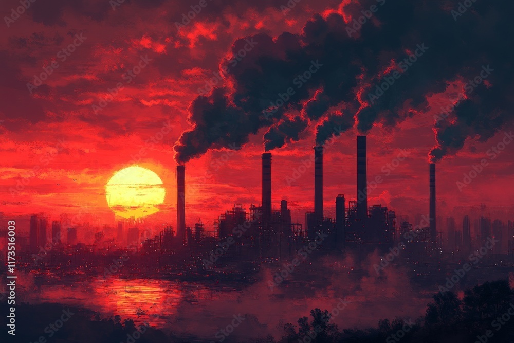Obraz premium Industrial skyline under a dramatic sunset with smokestacks silhouetted against a fiery sky and reflective waters