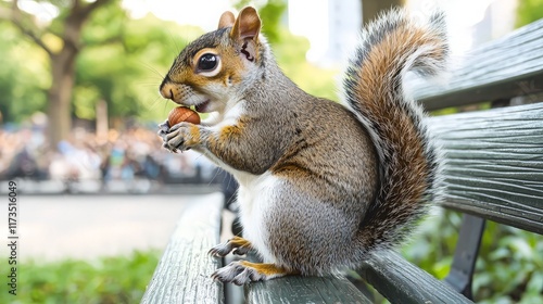 Squirrel eating nut on park bench, city background, nature photography.
