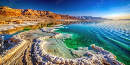 Vast Dead Sea salt flats stretch to the horizon, a stunning Jordanian landscape panorama.