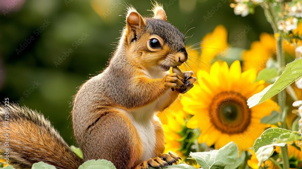 Obraz premium Squirrel eating sunflower seed in garden.