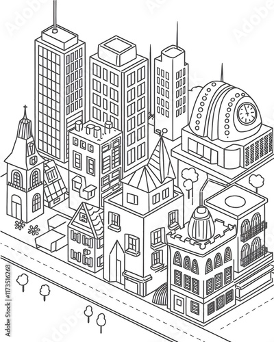 Wallpaper Mural City building with skyscrapers coloring page for kids, Construction coloring book Torontodigital.ca