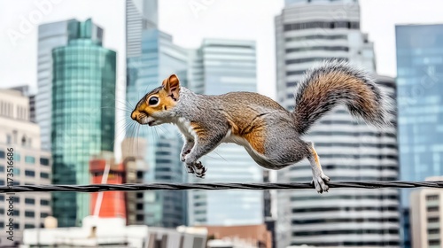 Squirrel leaping across wire, city backdrop, urban wildlife.