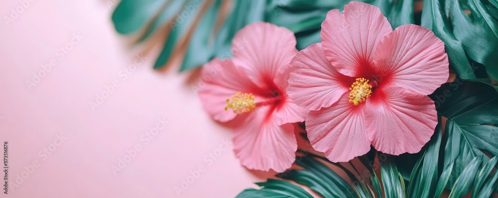 Obraz premium Vibrant pink hibiscus flowers with tropical leaves