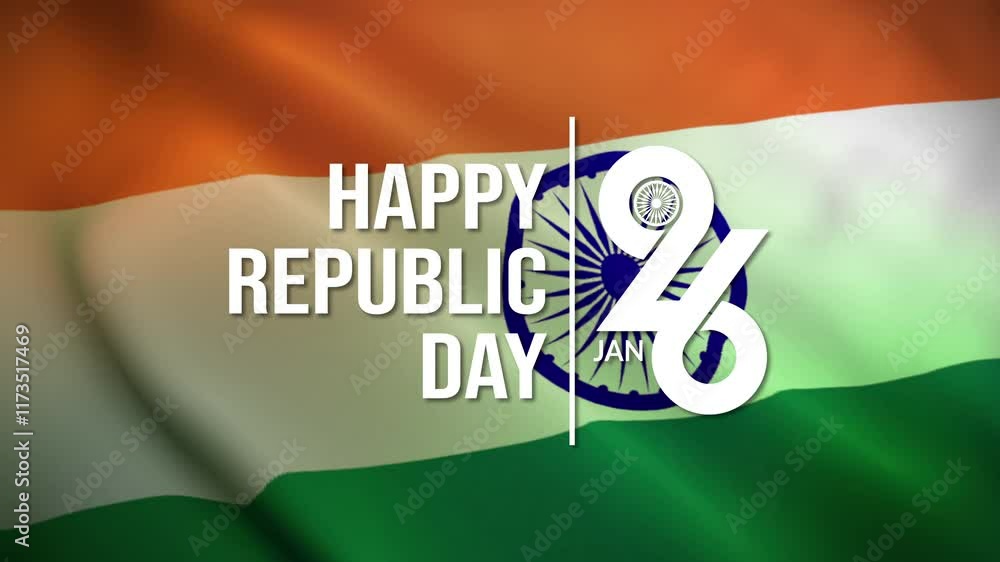 Happy Republic day India text lettering animation on Indian flag background. 26 January animated logo. High Quality 4K footage