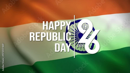 Happy Republic day India text lettering animation on Indian flag background. 26 January animated logo. High Quality 4K footage