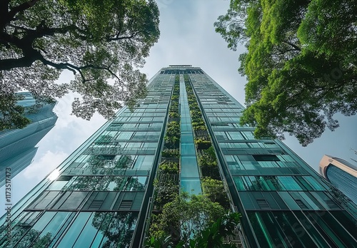  Green glass skyscrapers with tree branches and leaves in the city, looking up view, sustainable building concept