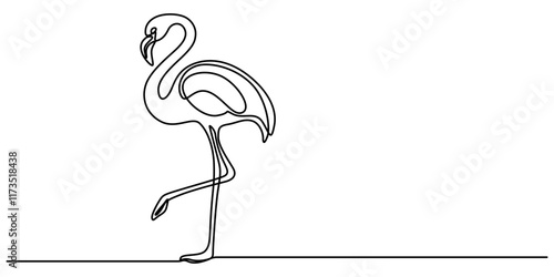 Continuous single line art of flamingo drawing ear and outline vector illustration, Flamingo bird in continuous one line art drawing. Vector illustration isolated. Minimalist design handdrawn,   pro.  photo