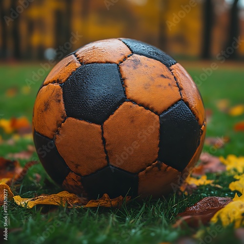 Obraz na płótnie Worn Soccer Ball Rests In Autumn Leaves w salonie