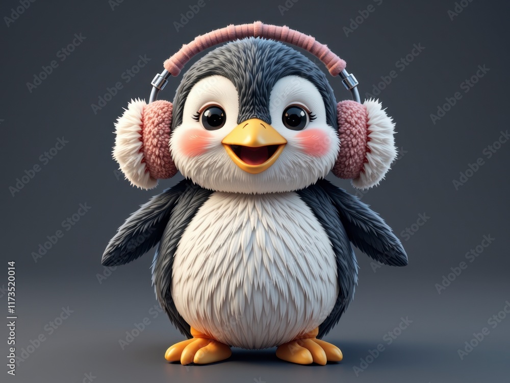 Fototapeta premium Adorable Cartoon Penguin Wearing Pink Earmuffs and Headphones Winter Holiday Fun