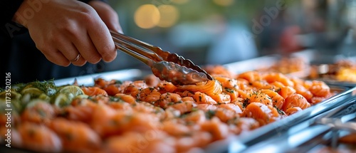 Buffet salmon serving, outdoor event photo