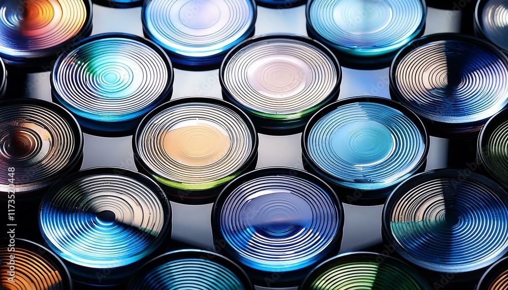 close up of circular glass lenses arranged in a pattern showcasing their reflective surfaces close up of circular glass lenses arranged in a pattern showcasing their reflective surfaces