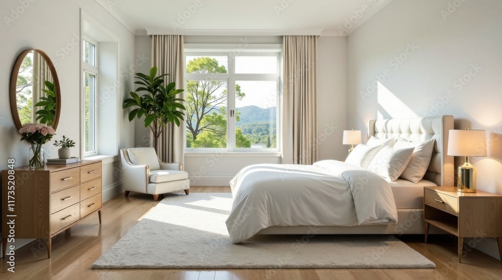 Fototapeta premium Serene Bedroom Interior Design with Natural Light and Luxurious Bedding