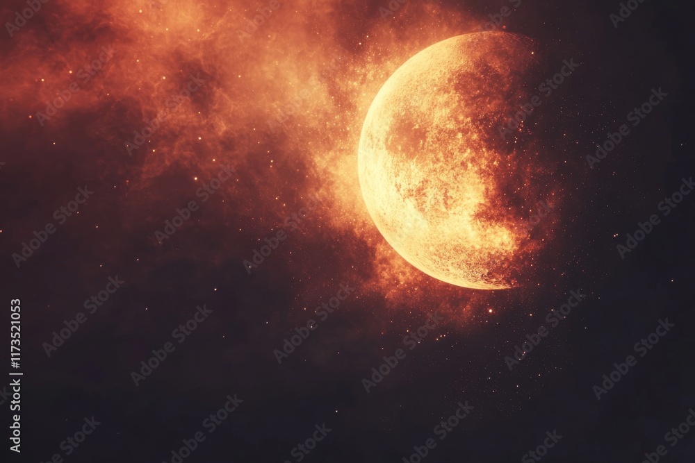 Obraz premium Vibrant full moon illuminated by a stunning orange nebula in a starry night sky