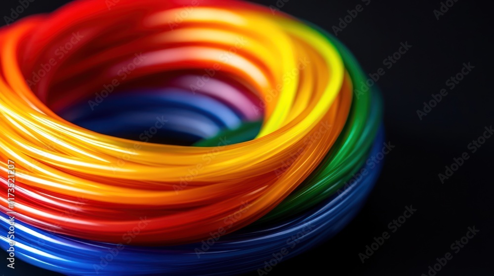 Rainbow colored tubes arranged in a circle on a black background. Rainbow colored tubes arranged in a circle on a black background.