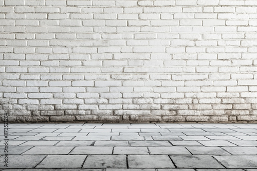 White brick wall background abstract concrete floor or Old cement grunge background with white empty