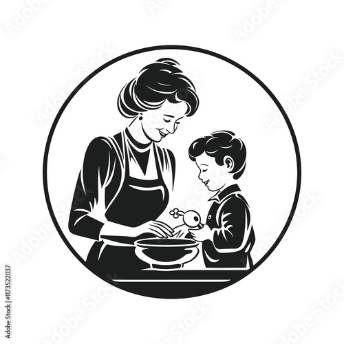 Elegant Silhouette Illustration Mother and Son cooking in the kitchen Vector illustration in cartoon style