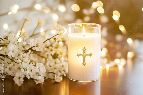 Lit white candle with blossoms and bokeh lights