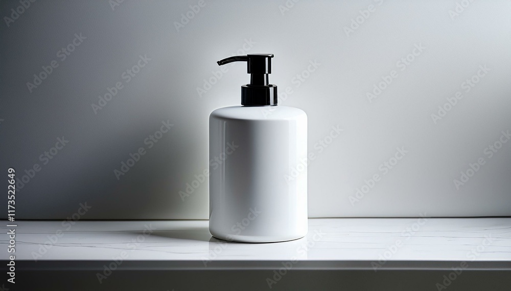 a sleek minimalist white liquid soap dispenser with a black pump against a contrasting white background perfect for modern bathroom and kitchen decor emphasizing cleanliness and simplicity a sleek minimalist white liquid soap dispenser with a black pump against a contrasting white background perfect for modern bathroom and kitchen decor emphasizing cleanliness and simplicity
