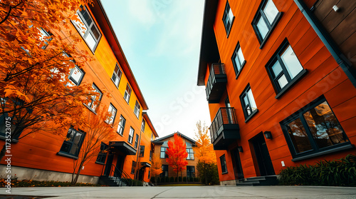 Bright orange houses in a modern neighborhood, reflecting vibrant urban design and colorful residential architecture.