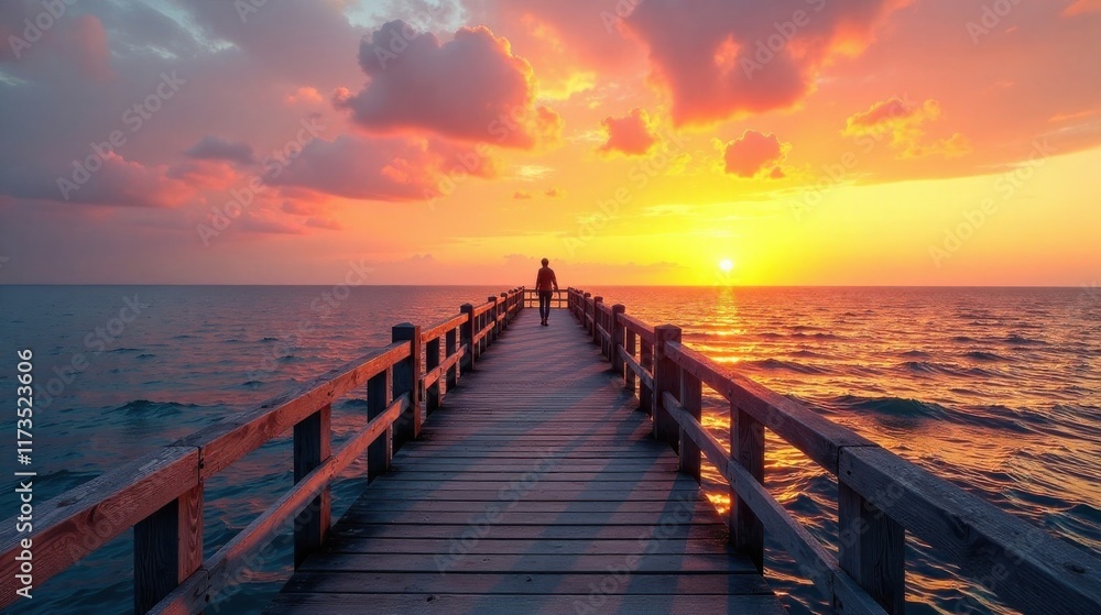 Solitary Figure Walking Towards Vibrant Sunset Over Calm Ocean on Wooden Pier