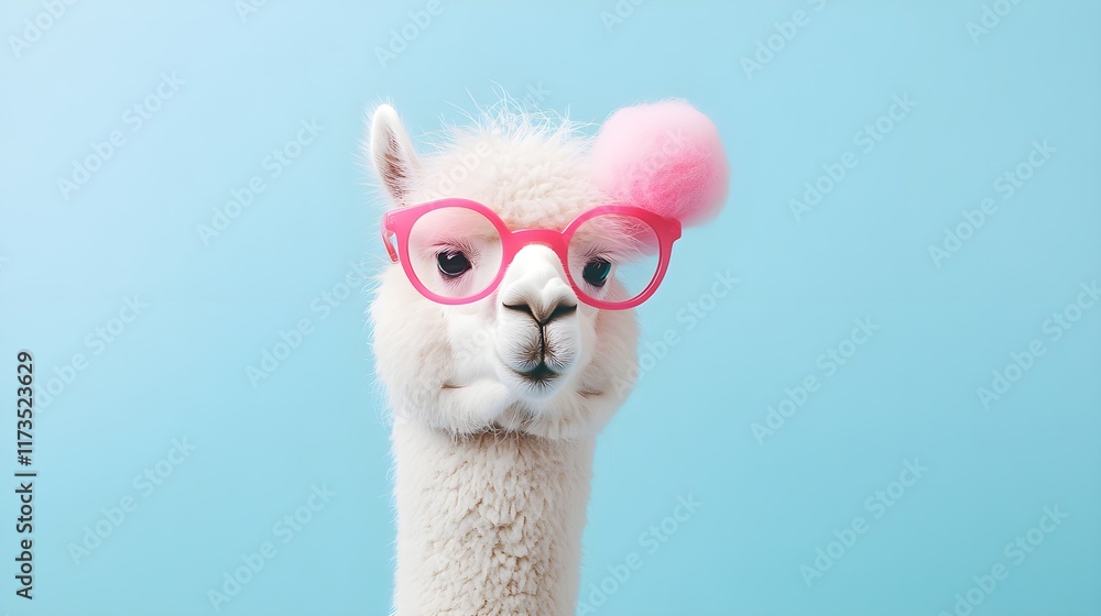 Fototapeta premium Adorable Alpaca Wearing Pink Glasses and Fluffy Pom-Pom